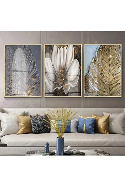KOLAJTASARIM Doğal Yaprak ve Çiçek Desenli Modern Gold Metal Çerçeveli Cam Tablo