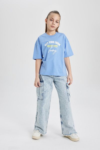 DeFacto Tricou cu mânecă scurtă imprimat cu mânecă scurtă pentru fetiță, cu croiala largă, B5129a824sm