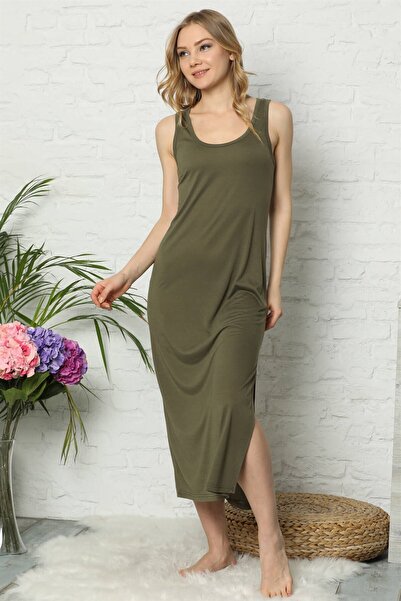 modaserdem Mdsrdm Thick Strap Slit Combed Cotton Long Nightgown-Khaki-100% Cotton