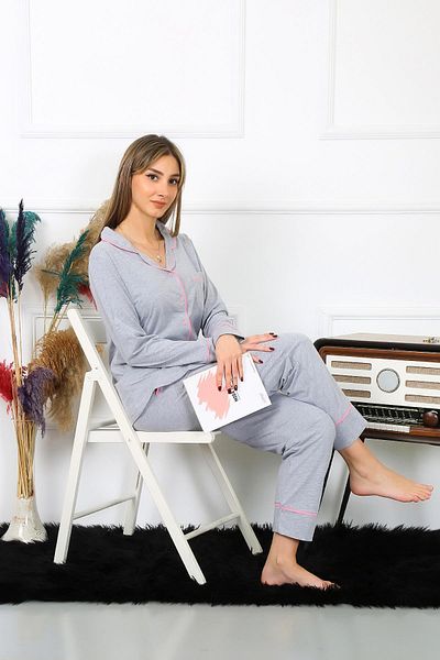modaserdem Costum de pijama cu nasturi din bumbac pieptănat cu mânecă lungă pentru femei Mdsrdm-gri-100% bumbac