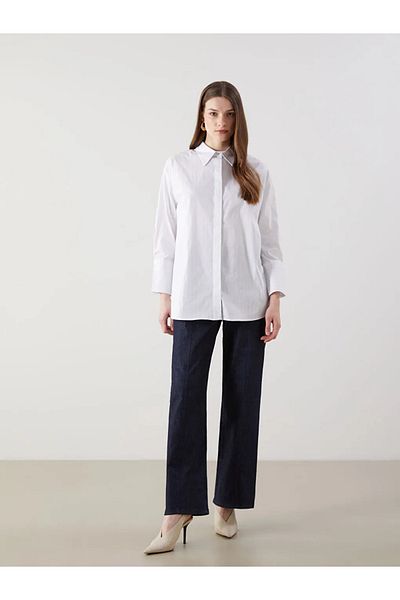 LC Waikiki Lcw Modest Grey Striped Poplin Women's Shirt Tunic