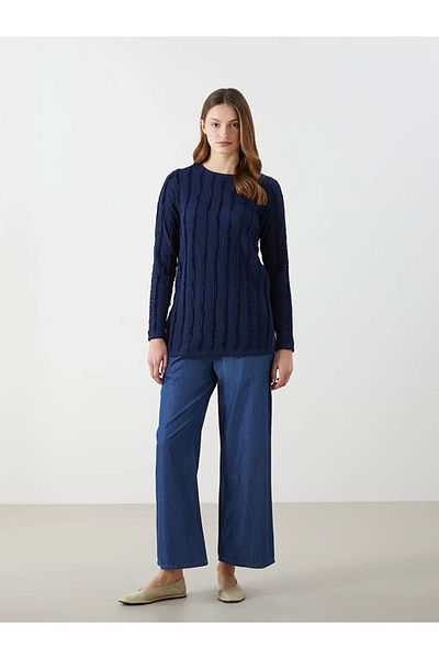 LC Waikiki Lcwaikiki Classic Navy Blue Crew Neck Textured Women's Tunic