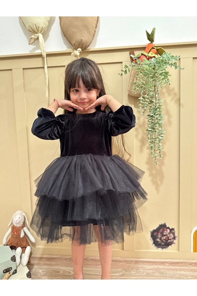 penu baby kids Siyah Kadife Kumaş Eteği Katlı Kız Çocuk Kız Bebek Elbise