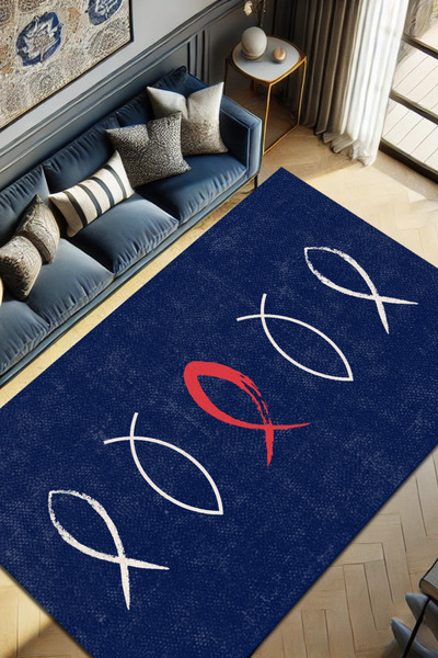 The Reef Design Renkli Balık Desenli Modern Dokuma Tabanlı Dijital Kaymaz Gen...