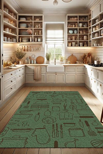 The Reef Design Mutfak Eşyaları Desenli Yeşil Yıkanabilir Dokuma Tabanlı Kaym...