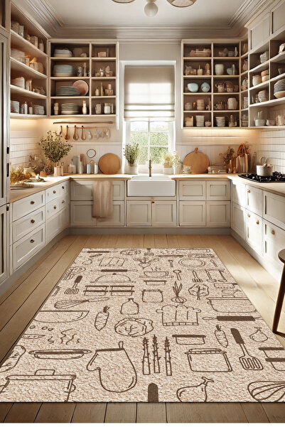 The Reef Design Mutfak Eşyaları Desenli Dijital Baskılı Krem Yıkanabilir Doku...