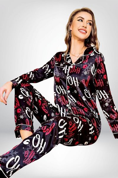 vory Set pijamale cu nasturi imprimate din satin negru pentru femei VR NL K50 T04 Y01