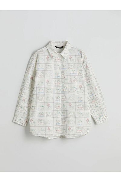 LC Waikiki Lcw Modest Ecru Printed Women's Poplin Shirt Tunic