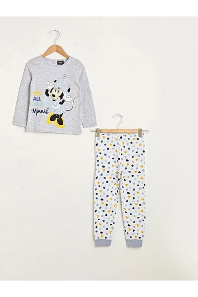 LC Waikiki Lcw Kids Gray Crew Neck Minnie Mouse Printed Long Sleeve Girls Pajama Set