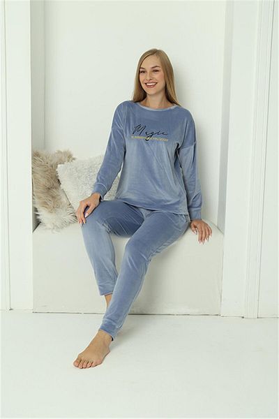 modaserdem Costum de pijama din catifea cu mânecă lungă pentru femei Mdsrdm-albastru