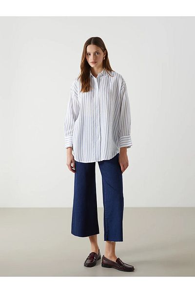 LC Waikiki Lcw Modest Ecru Striped Oversize Women's Shirt Tunic