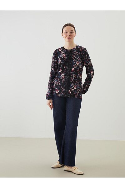 LC Waikiki Grace Blue Lace-Up Collar Floral Women's Blouse