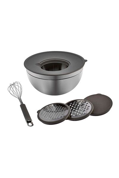 Karaca Parle Stainless Steel Mixing Bowl Set with Graters, 4.6L, Grey