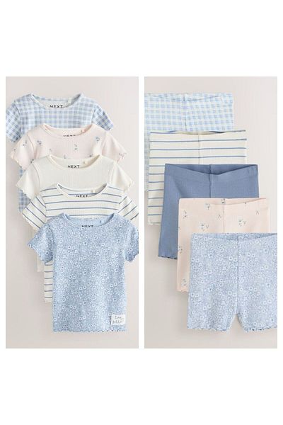 Next Baby Cotton Blue Floral Patterned Short Sleeve Ribbed 5-Piece Bottom Top Set