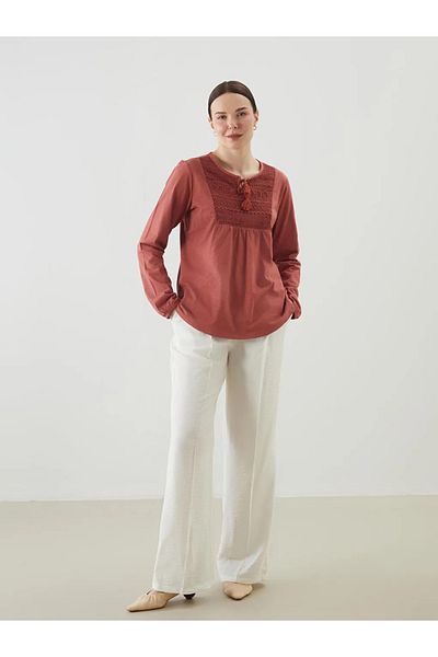 LC Waikiki Lcw Grace Red Lace-Up Collar Embroidered Women's Blouse