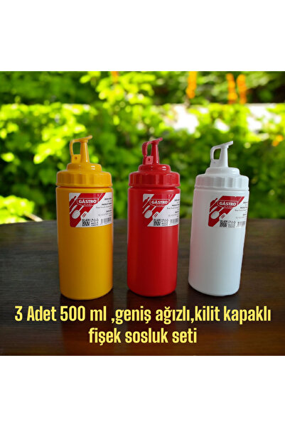 GastroPlast 3 ADET 500 ML, GENİŞ AĞIZLI,KİLİT KAPAKLI FİŞEK SOSLUK SETİ