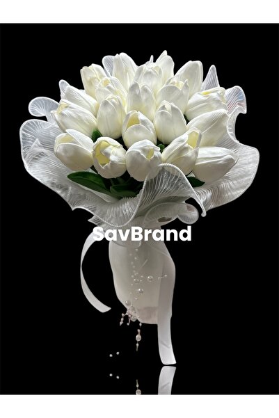 SavBrand Tüllü İncili Laleli Gelin Buketi , Gelin Çiçeği