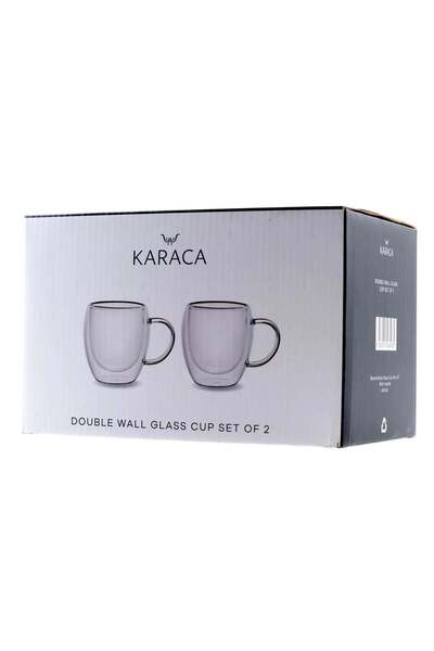 Karaca Karaca Double Wall Borosilicate Glass Cup Set with Handle for 2 People, 300ml, Transparent