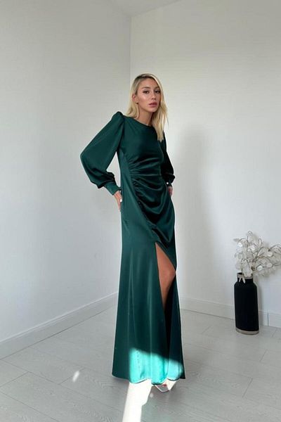 modaserdem Women's Emerald Side Gathered Slit Satin Night-Evening-Degree Dress