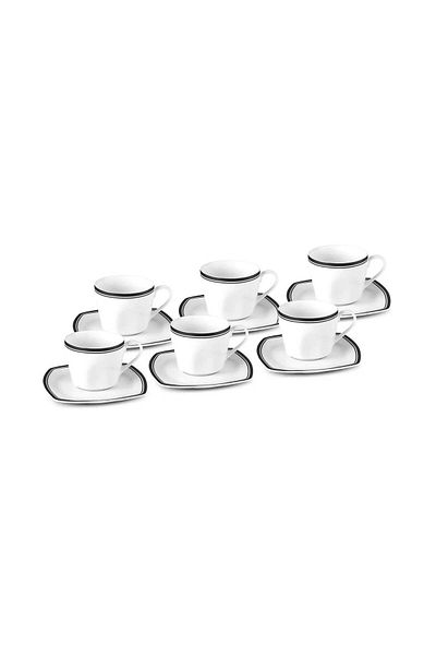 Karaca Karaca Black Line 12-Piece Bone China Tea Cup and Saucer Set for 6 People, 220 ml, Black White