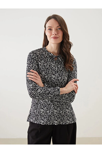 LC Waikiki Lcw Grace Black Lace-Up Collar Print Women's Blouse
