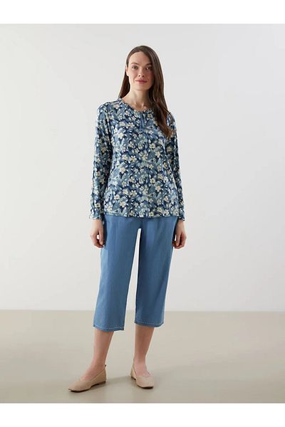 LC Waikiki Γυναικεία φλοράλ μπλούζα LCW Grace Blue με δεμένο γιακά
