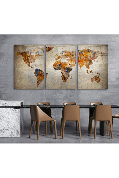 TAULART 3 PARÇA RETRO DÜNYA HARİTASI SET TABLO KIRILMAZ CAM TABLO EV HEDİYESİ...