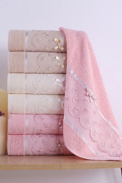 Familia Home Set of 6 100% Cotton Laced Curl - Bow Hand and Face Towels 50X90Cm