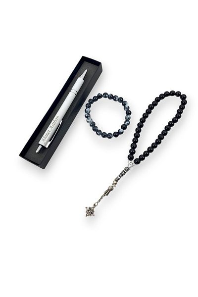 SürLaz Black Rosary and Bracelet Eco Set in Special Box with Name Writable Ballpoint Pen