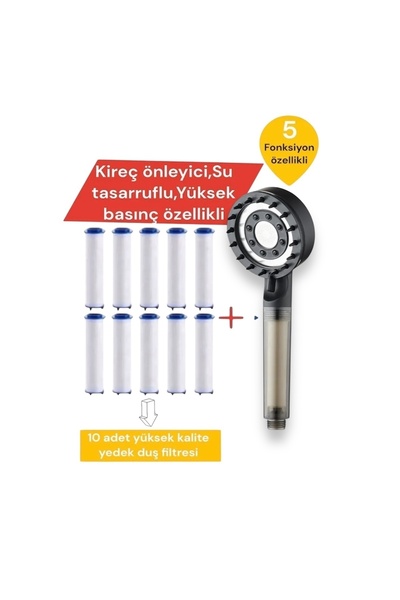 TRUVA 10 adet yedek filtreli Siyah yeni model su tasarruflu Duş başlığı