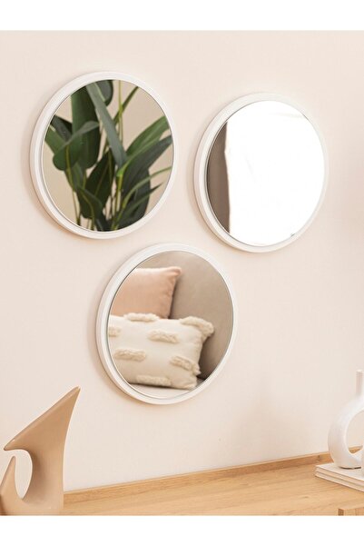 DFN WOOD Beyaz Mdf 3 Lü 35 Cm Yuvarlak Duvar Salon Banyo Aynası