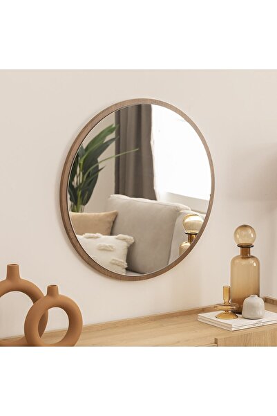 DFN WOOD Kahverengi Mdf 70 Cm Yuvarlak Duvar Salon Banyo Aynası