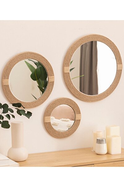 DFN WOOD Jut Halatlı 3'lü 50,40,30 Cm Yuvarlak Dekoratif Duvar Salon Banyo Ay...