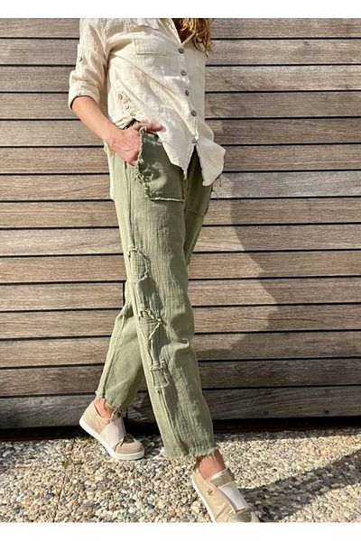 pier moda Stitching Details Dirty Sewing Linen Trousers -Comfortable - 100% Cotton Linen Woven Khaki Color
