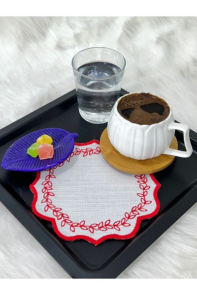 Mora Tekstil Leaf Embroidered Coffee Coaster, Presentation Napkin, Coffee Side Napkin, 6-Piece Cocktail Napkin, Coaster