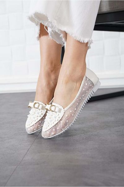 KCMN Feles Lace Threaded Women's Flat Ballet White