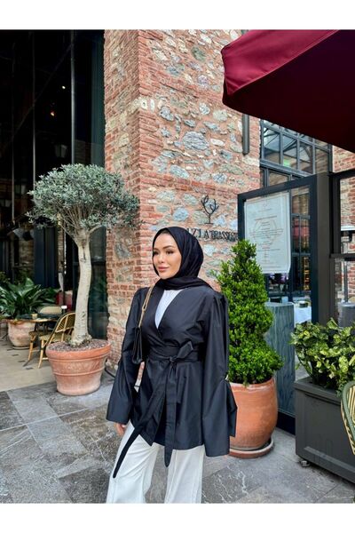 cies boutique kol detaylı beli bağlamalı tafta ceket