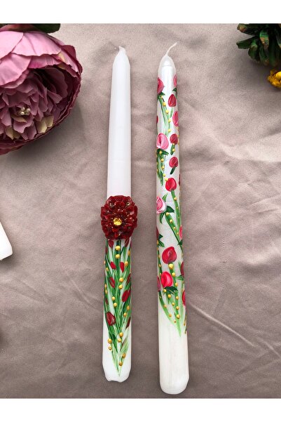 Elif Design 2’li el yapımı tasarım çiçekli şamdan mum seti