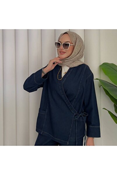 cies boutique v yaka yandan bağlamalı denim kimono