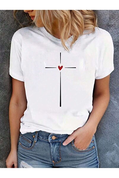 Mythologie Μίνι μπλουζάκι με ρίγες καρδιάς - Λευκό εμπριμέ Oversize Crew λαιμ...