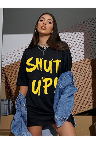 Mythologie Shut Up T-Shirt - Μαύρο εμπριμέ Oversize Crew λαιμόκοψη κοντό μανίκι