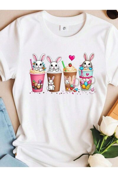 Mythologie Tricou Coffee Bunnies - Alb Imprimat Oversize Crew Deck Maneca Scu...