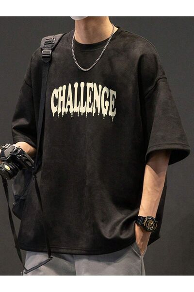 Mythologie Challange Desen T-Shirt - Чорний принт Oversize Велосипедна комір ...