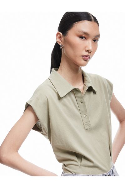 Koton Cotton Buttoned Sleeveless Crop Polo Neck T-Shirt