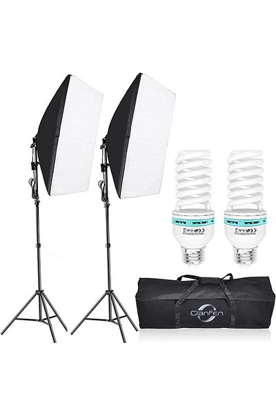 glanfen Photography Soft box Lighting Kit with 2 Pack 135W White Light Bulbs Softboxs and Carry Bag