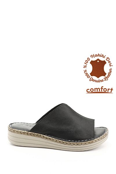 GÖNDERİ(R) Women / Girls Black Wedge Heel Genuine Leather Comfort Slippers