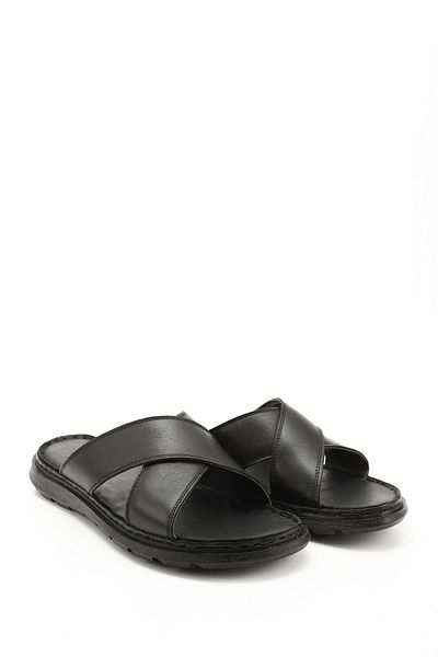 GÖNDERİ(R) Men's Black Cross-Strapped Genuine Leather Slippers