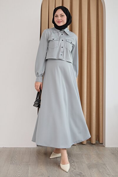 InStyle Düğmeli Bolerolu Etekli Gri Takım