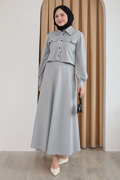InStyle Costum gri cu fustă bolero cu nasturi