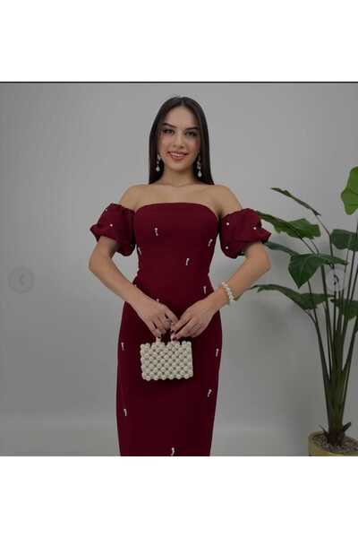 MODA DURAĞI Taş Detaylı Arkadan Yırtmaçlı kaliteli Elbise